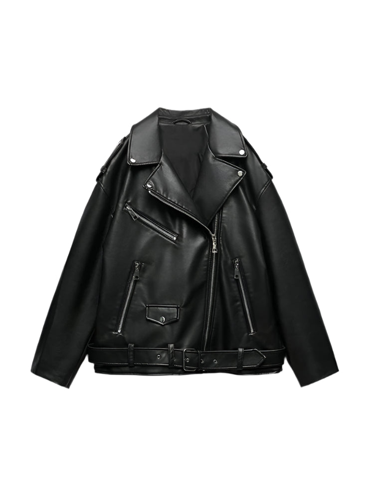 Oversized Biker Style Faux leather Jacket with Belt