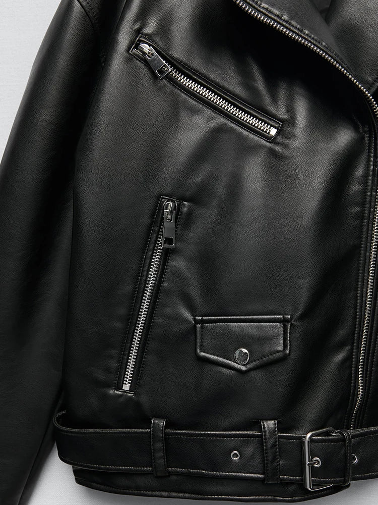 Oversized Biker Style Faux leather Jacket with Belt