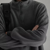 Oversized quarter-zip fleece pullover sweatshirt, stand collar detail