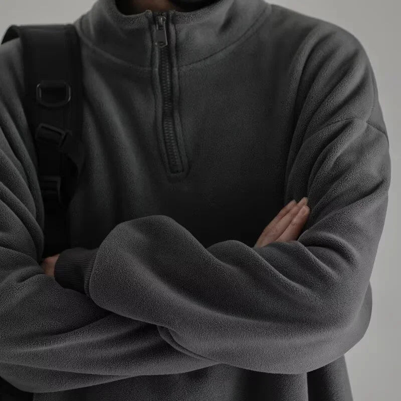 Oversized quarter-zip fleece pullover sweatshirt, stand collar detail