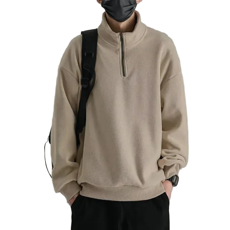 Oversized quarter-zip fleece pullover sweatshirt, side view