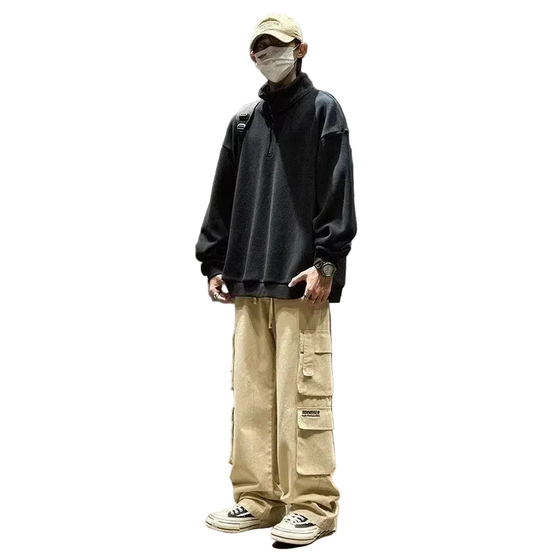 Oversized quarter-zip fleece pullover sweatshirt worn, side