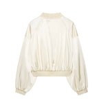Oversized satin varsity bomber jacket, back view