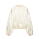 Oversized satin varsity bomber jacket, back view