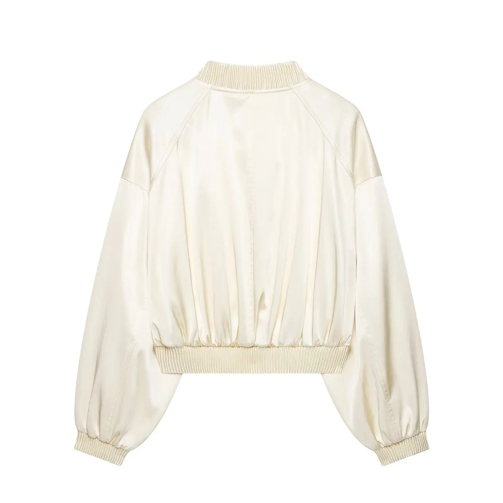 Oversized satin varsity bomber jacket, back view