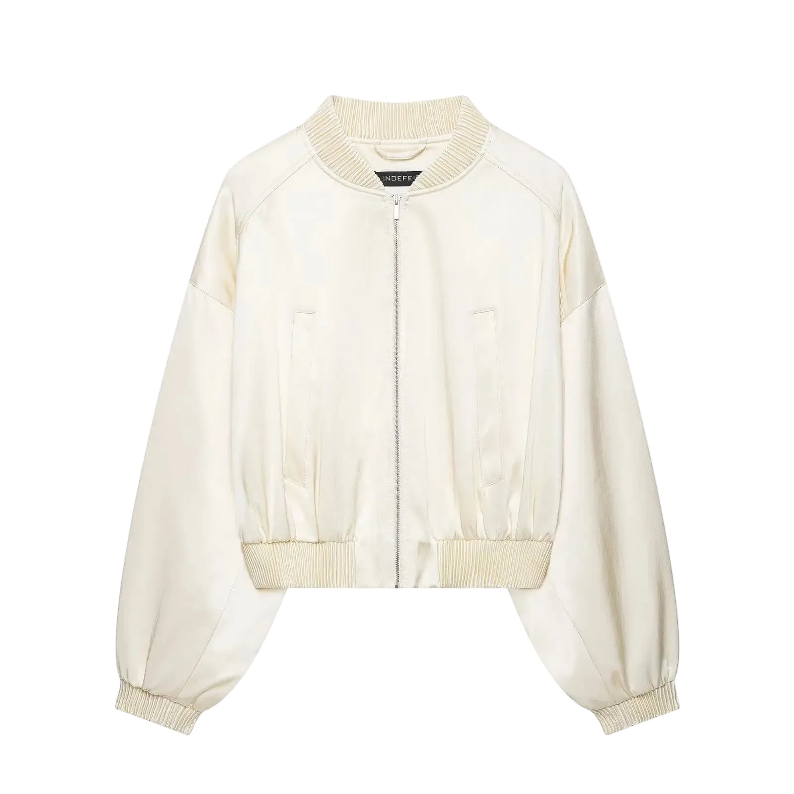 Oversized satin varsity bomber jacket, front view