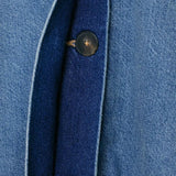 Close-up of ruched detailing on women's oversized vintage wash denim-effect jacket
