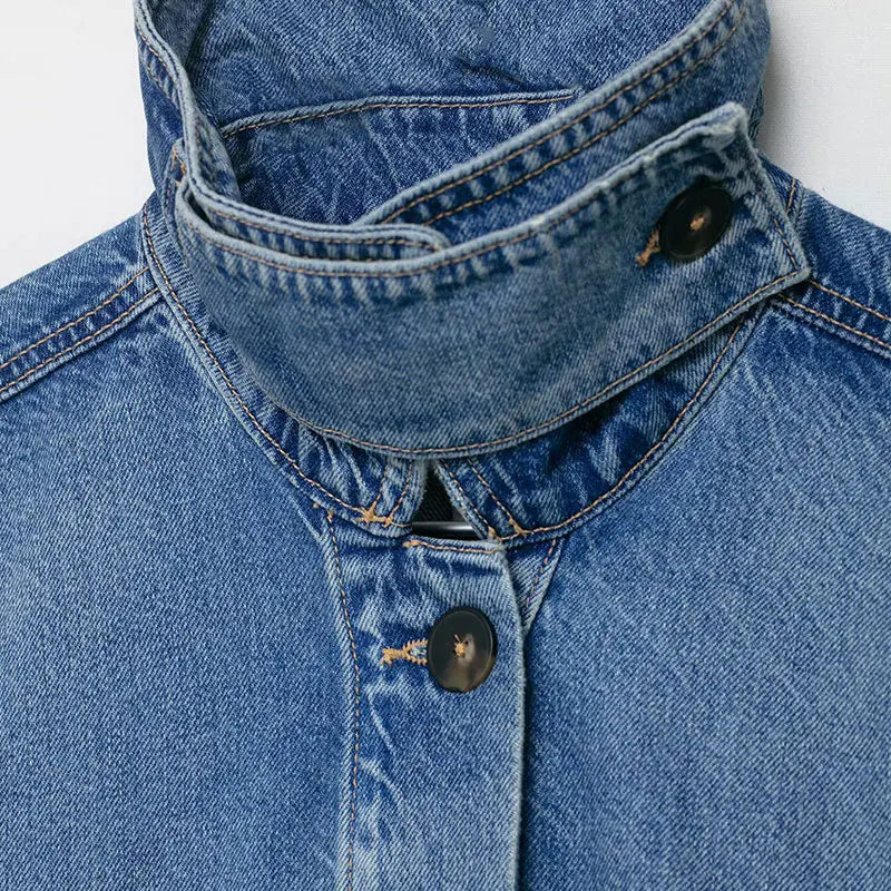 Women's oversized vintage wash denim-effect jacket — side profile showing dropped shoulders and loose fit