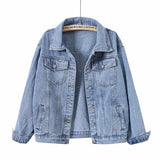 Women's oversized blue denim jacket, back view showing loose silhouette