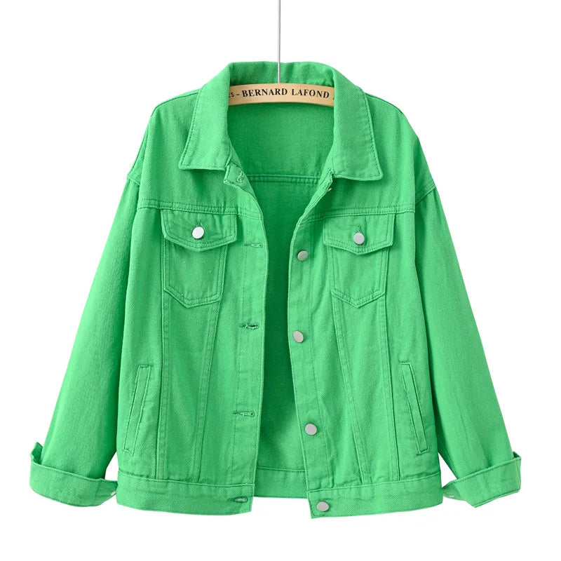 Women's oversized blue cotton denim jacket, front view, loose fit silhouette