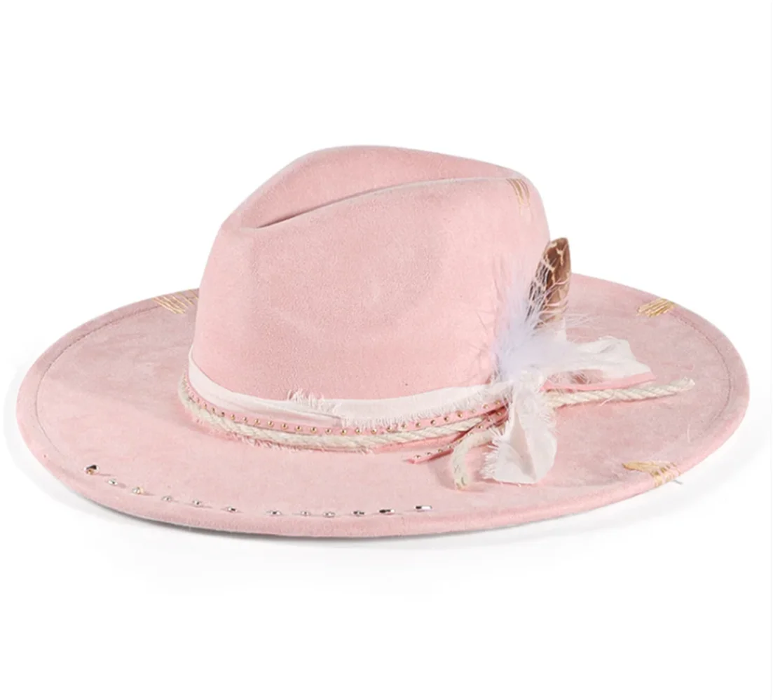 Pink And White Distressed wide-brim cowboy hat worn in lifestyle setting