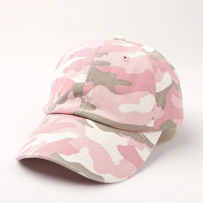 Pink Camo vintage washed dad hat, close-up detail