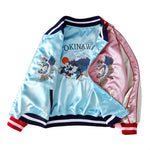Pink Reversible crane embroidered sukajan bomber jacket, lifestyle view