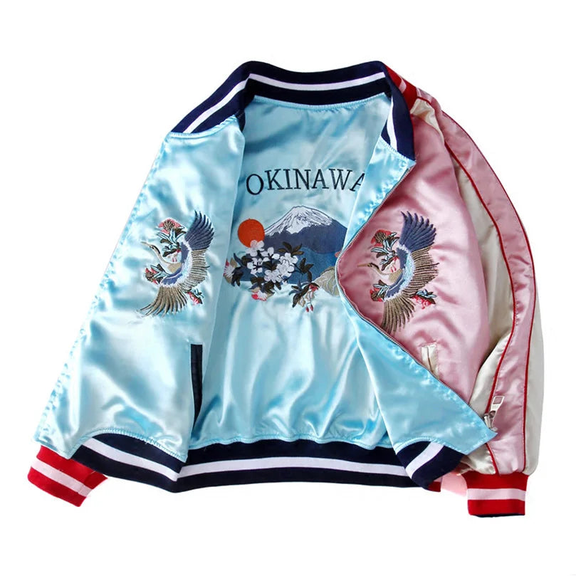 Pink Reversible crane embroidered sukajan bomber jacket, lifestyle view