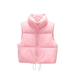 Pink Cropped quilted puffer vest — stand collar detail