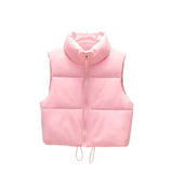 Pink Cropped quilted puffer vest — stand collar detail