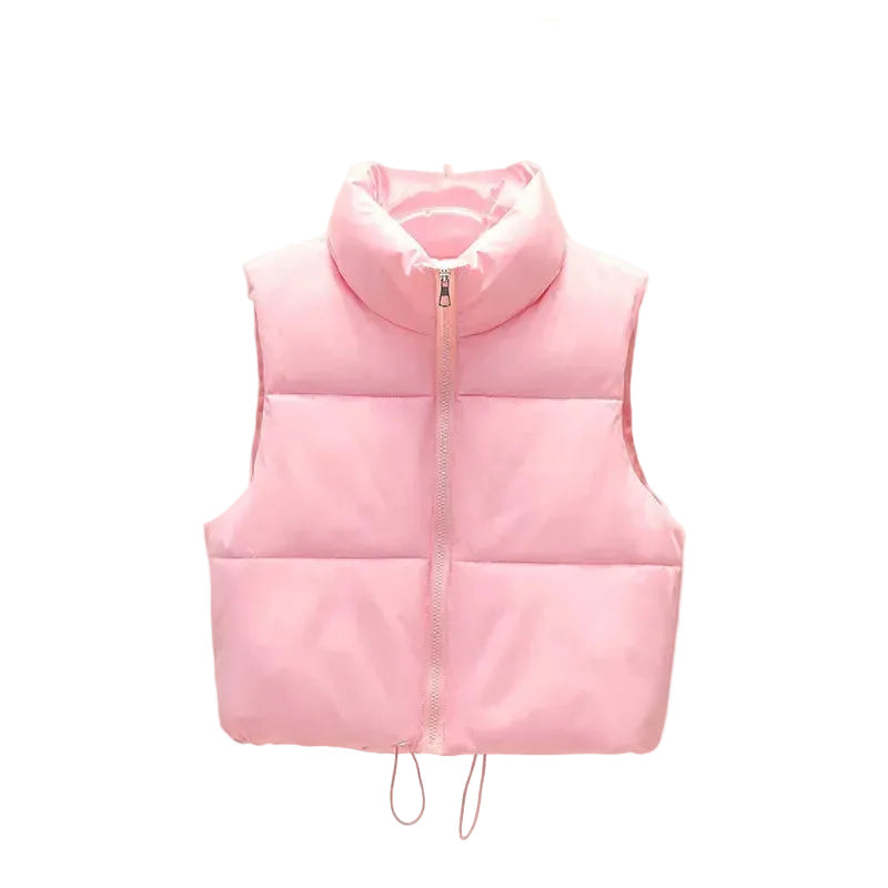 Pink Cropped quilted puffer vest — stand collar detail