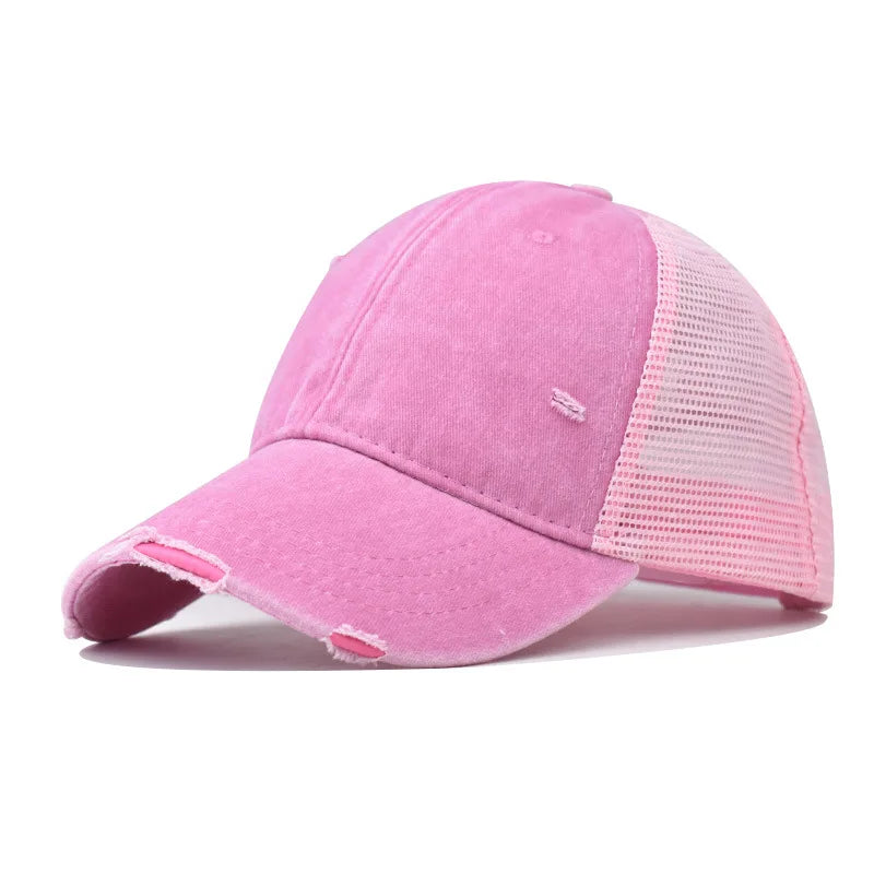 Pink Distressed vintage wash trucker hat, lifestyle shot