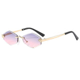 Sunglasses with gold frame and pink gradient lenses on a white background