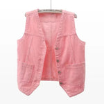 Pink Women's sleeveless denim vest jacket — button detail