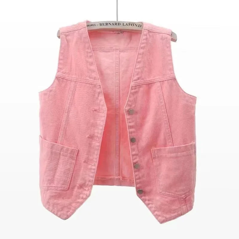 Pink Women's sleeveless denim vest jacket — button detail
