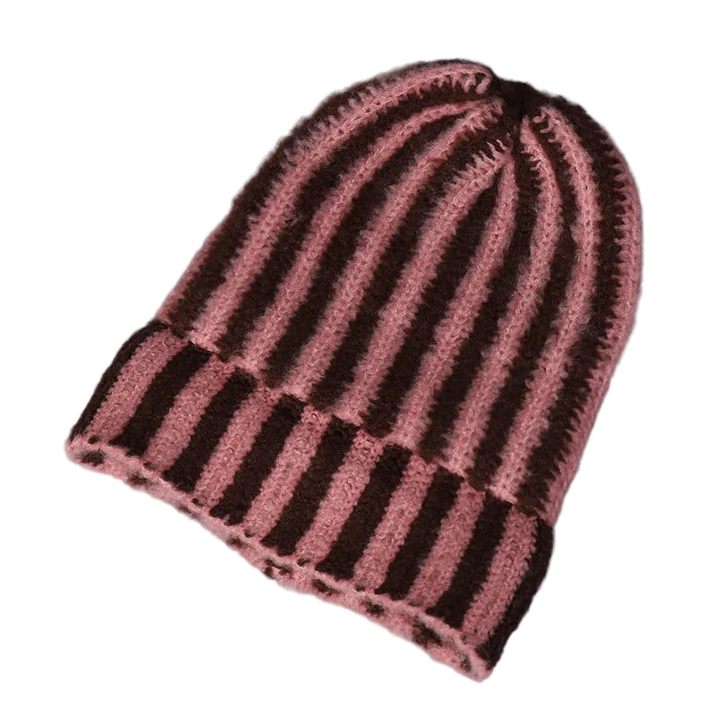 Knitted beanie with brown and pink stripes on a gray background