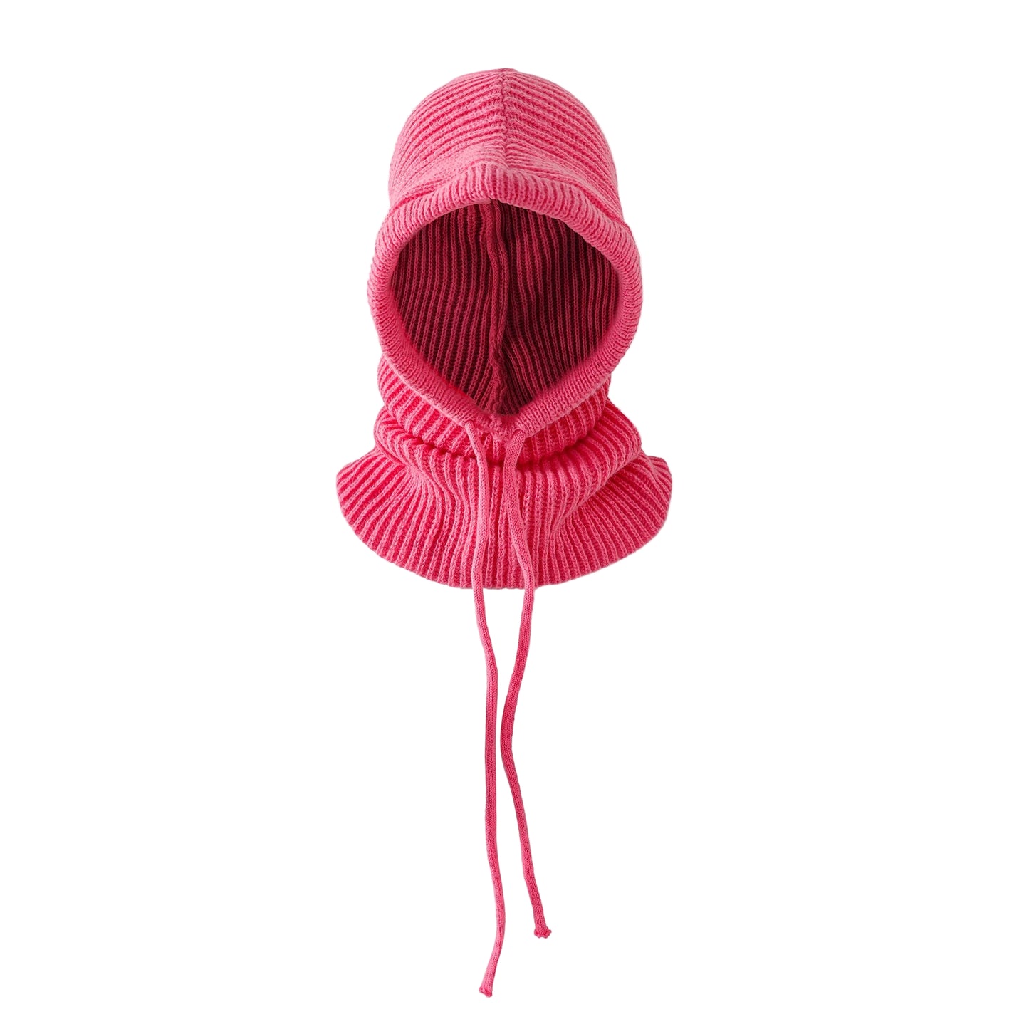 Pink knitted balaclava on a light gray background