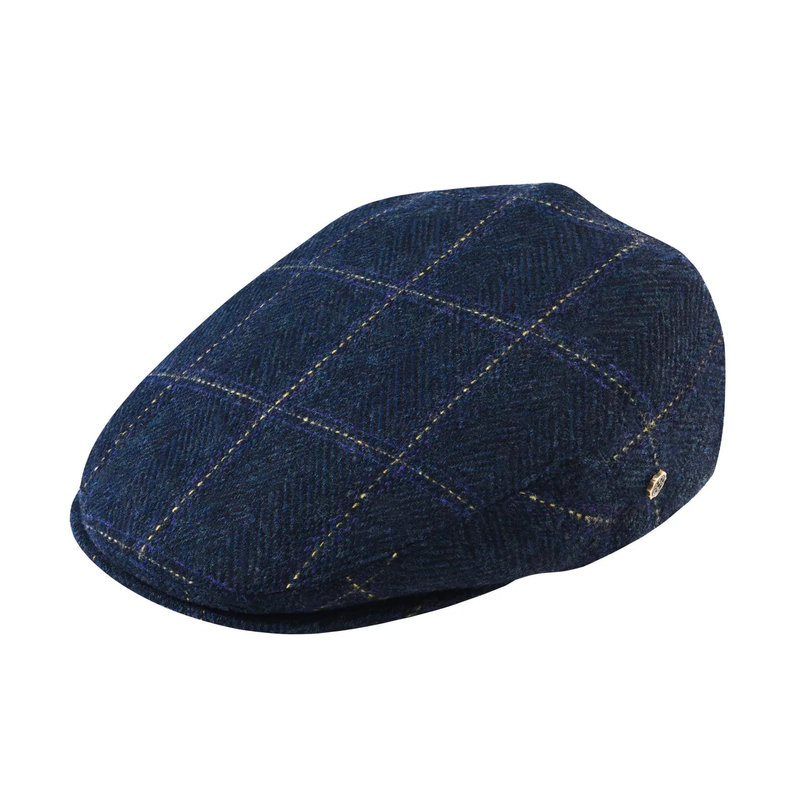 Plaid Blue Herringbone tweed flat cap worn, back view