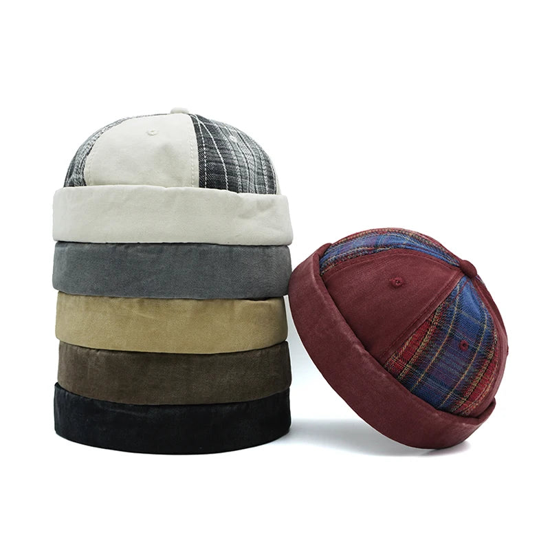 Plaid docker cap, front view