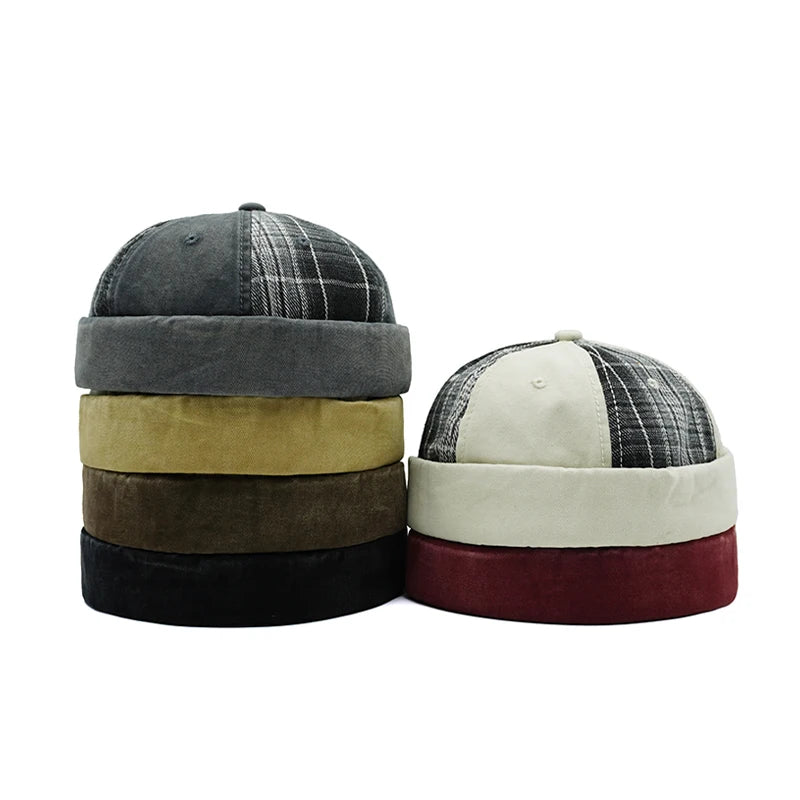 Plaid docker cap, side view