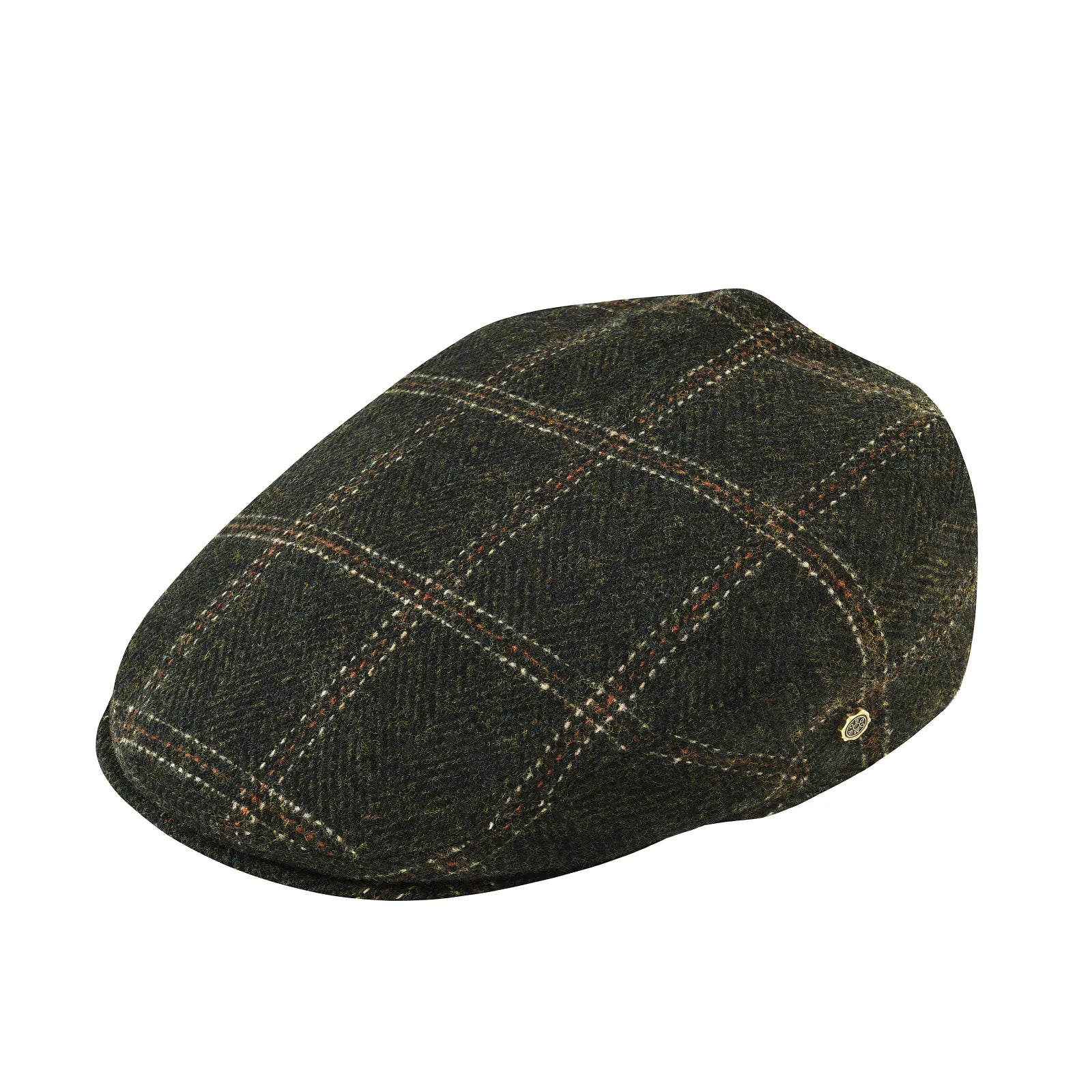 Plaid Green Herringbone tweed flat cap, brim detail
