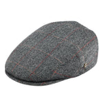 Plaid Grey Herringbone tweed flat cap worn, angled view
