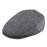 Plaid Grey Herringbone tweed flat cap worn, angled view