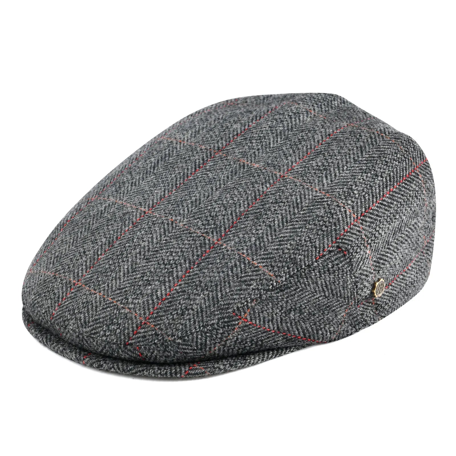 Plaid Grey Herringbone tweed flat cap worn, angled view