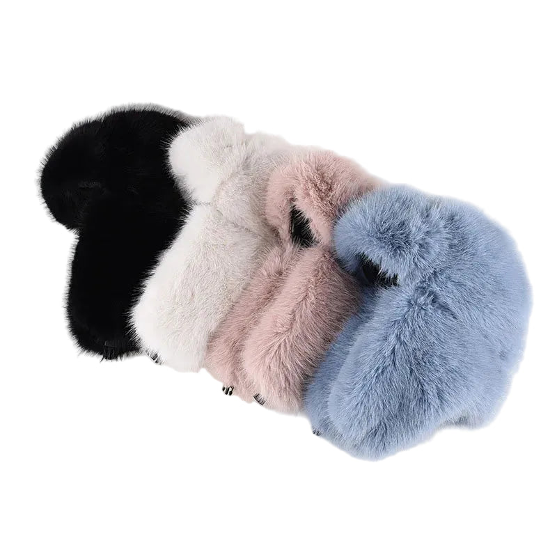 Four fluffy ear muffs in black, white, pink, and blue on a light gray background