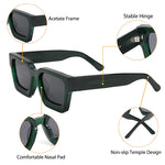 Model wearing polarized square sunglasses with wide 61mm frame — front view
