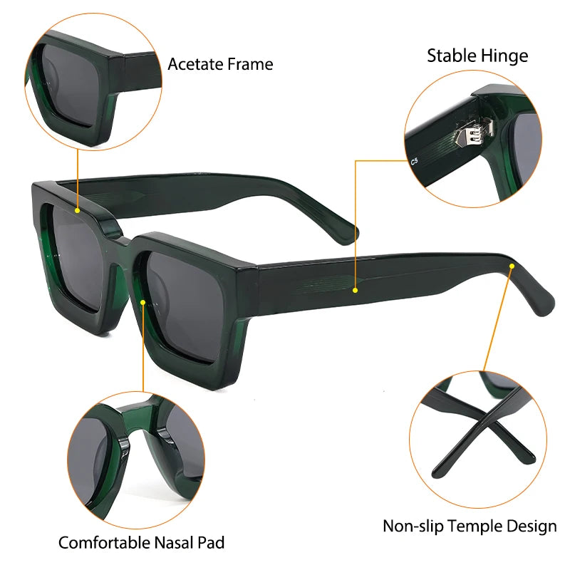 Model wearing polarized square sunglasses with wide 61mm frame — front view