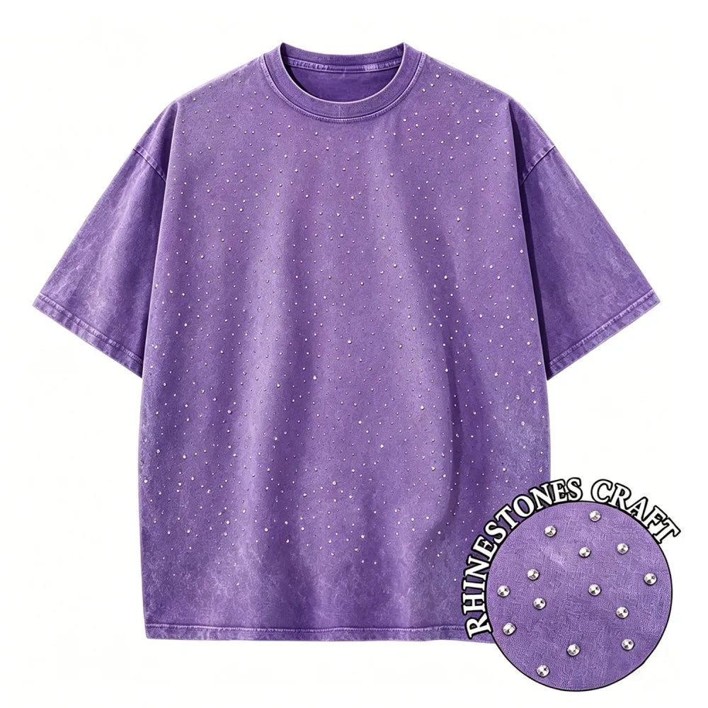 Purple 1 Rhinestone vintage wash oversized distressed tee — size guide