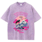 Purple Flat lay of women's acid wash distressed graphic cotton tee