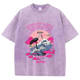 Purple Flat lay of women's acid wash distressed graphic cotton tee