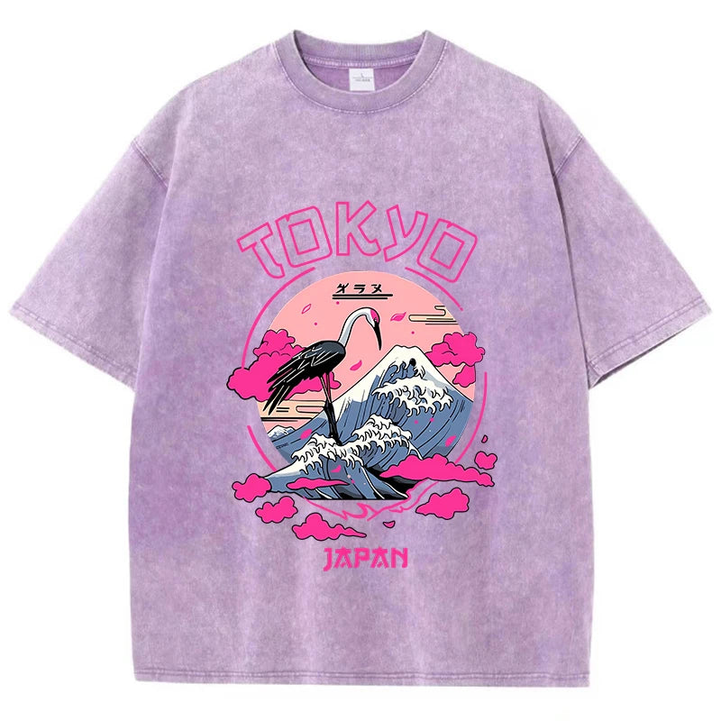 Purple Flat lay of women's acid wash distressed graphic cotton tee