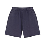 Purple Acid wash sweat shorts worn, back view