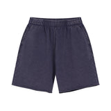 Purple Acid wash sweat shorts worn, back view