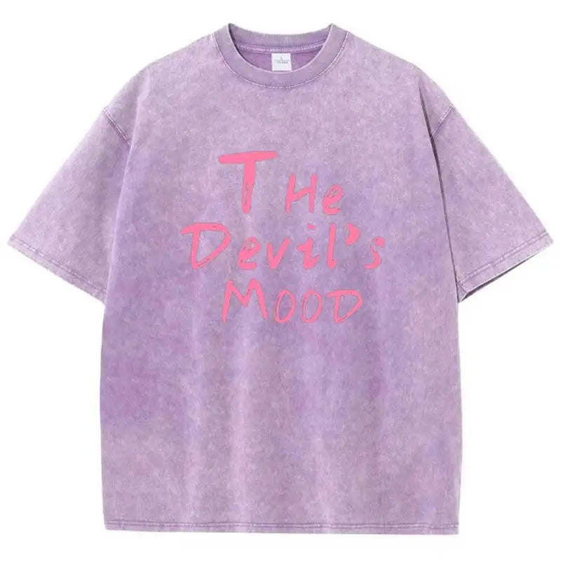 Purple Devil's Mood washed oversized graphic tee — styled streetwear look