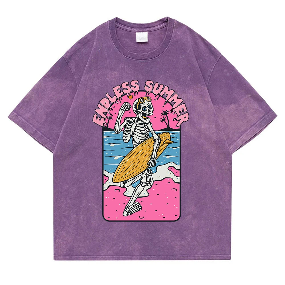 Purple Endless Summer Skeleton graphic tee — front view, bold skeleton print on cotton crew neck t-shirt