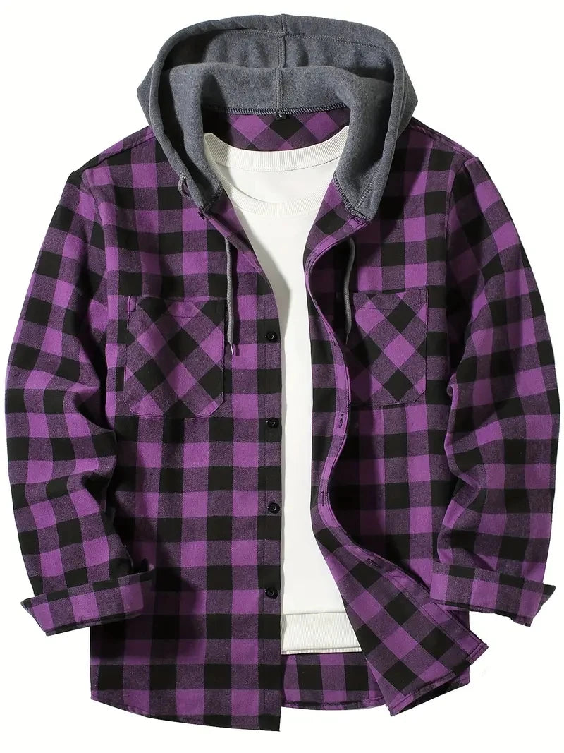 Purple Hooded flannel shirt, collar and hood detail