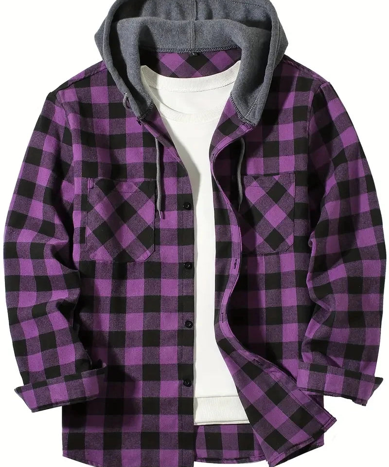 Purple Hooded flannel shirt, collar and hood detail