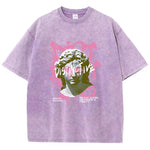 Purple Women's drop-shoulder graphic tee in street style outfit