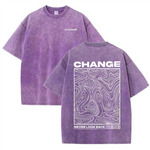 Purple Oversized vintage wash topographic graphic tee — collar and fabric detail