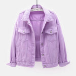 Purple Women's oversized purple cotton denim jacket, front view